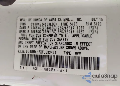 2015 Honda Cr-V Ex-L z USA, uszkodzony, nr VIN 5J6RM4H7XFL093454